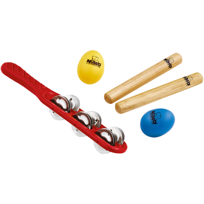 NINO Set incl. 1 Red Jingfle Stick, 1 Pair Small Claves, 1 Blue Egg Shaker & 1 Yellow Egg Shaker