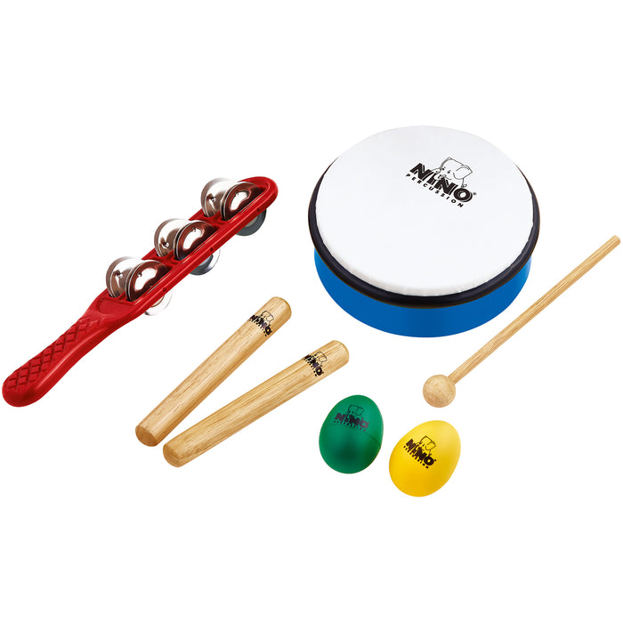 NINO Set incl. 1 Red Jingfle Stick, 1 Pair Small Claves, 1 Blue Egg Shaker, 1 Yellow Egg Shaker, 1 ABS 6" Sky Blue Hand Drum & 1 Beater