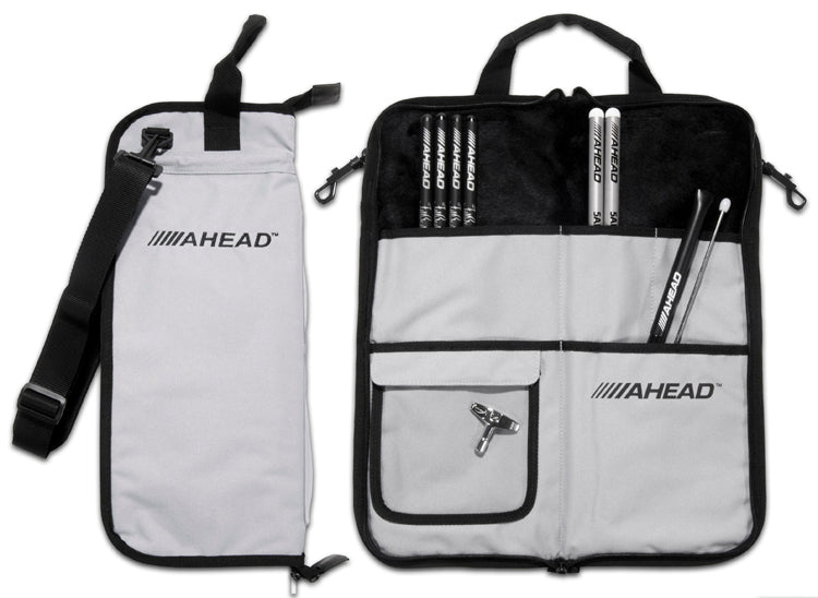 Ahead AHEAD DELUXE Stick Case Gray with Black Trim Plush interior Designed to Hold 8 pairs of Drumsticks Clear Pocket for Parts External Zipper Pouch Shoulder Strap Bungee Cord w/Quick Release Clips