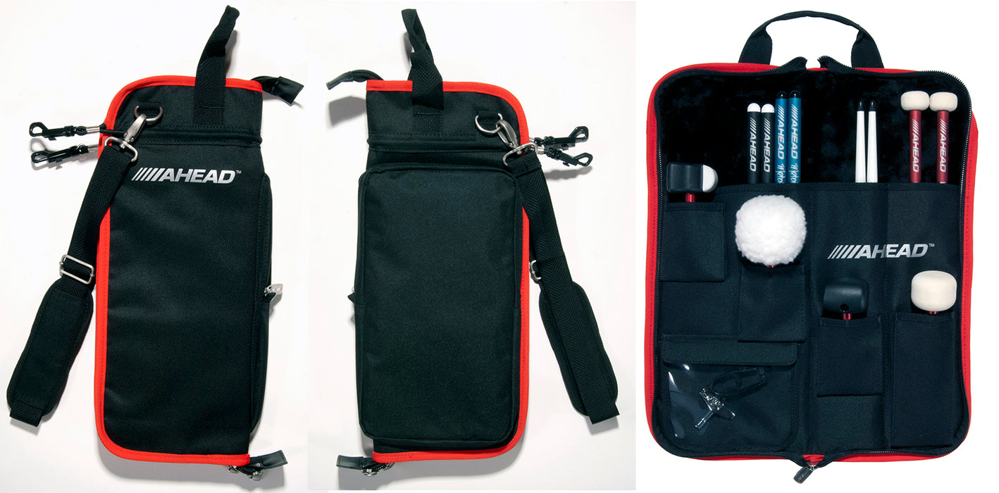 Ahead AHEAD PLUSH Stick Case w/4 Extra Pockets Black with Red Trim Plush interior Designed to Hold 8 pairs of Drumsticks and 4 Switch Kick Beater Heads Clear Pocket for Parts External Zipper Pouch Shoulder Strap Bungee Cord w/Quick Release Clips